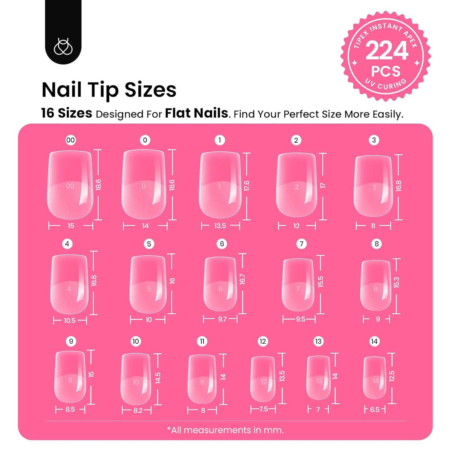 Beetles Tipex Instant Apex Nail Tips Kit, Extra Short Squoval 224Pcs 16 Sizes Pre-Building & Pre-Etched Gel Nail Tips Thicker Acrylic Nails False Nail Extension with Tipex Uv Nail Glue Mini Nail Lamp