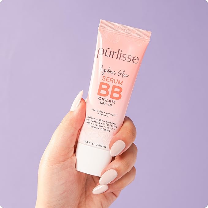 pūrlisse Ageless Glow Serum BB Cream SPF 40 - Glow BB Cream with SPF Enriched with Bakuchiol & Vitamin C to Help Improve Firmness & Reduce Wrinkles for Dewy Skin - Tan (1.4 oz)