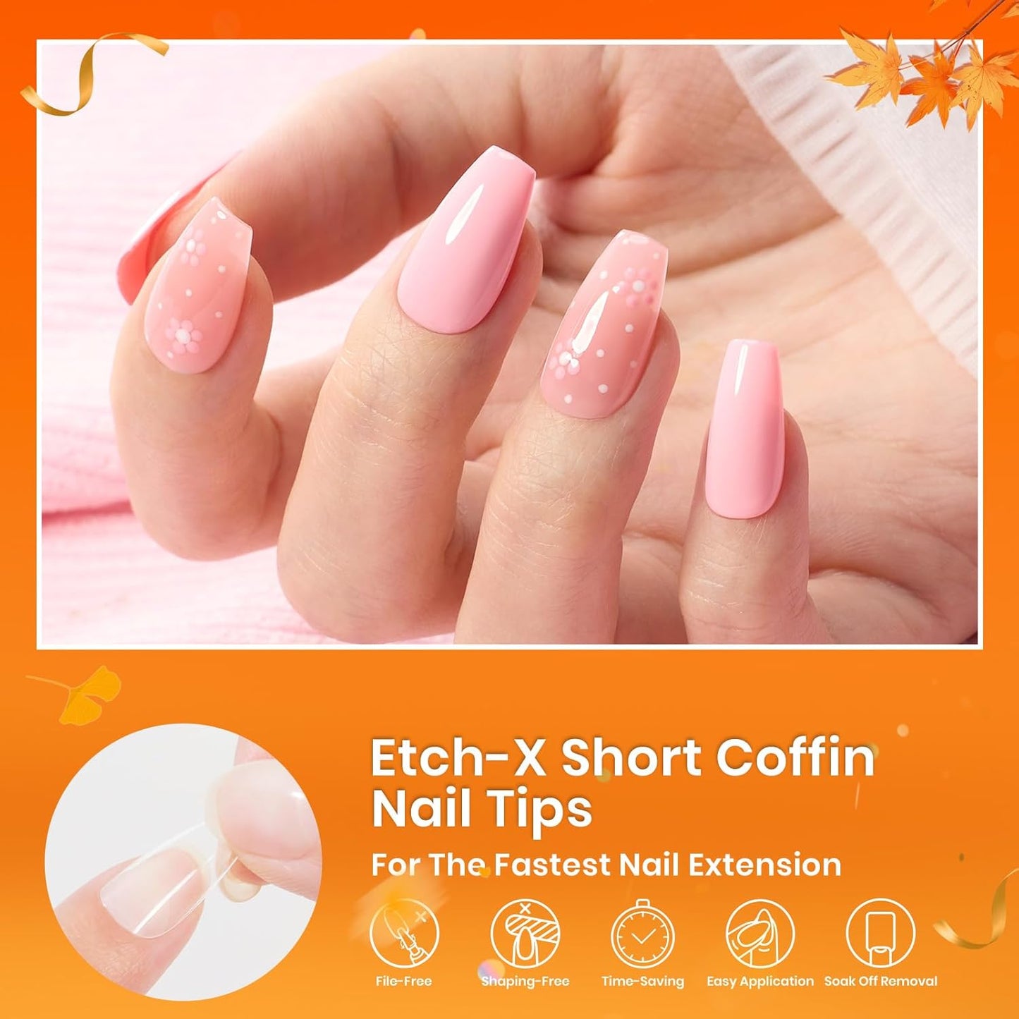 Beetles Gel Nail Tips Short Coffin Pre-Etched Nail Tips, 12 Sizes 288 Pcs Full Cover Soft Tips Half Matte False Nails Clear Acrylic Glue on Nails Extension DIY Manicure Gifts for Women