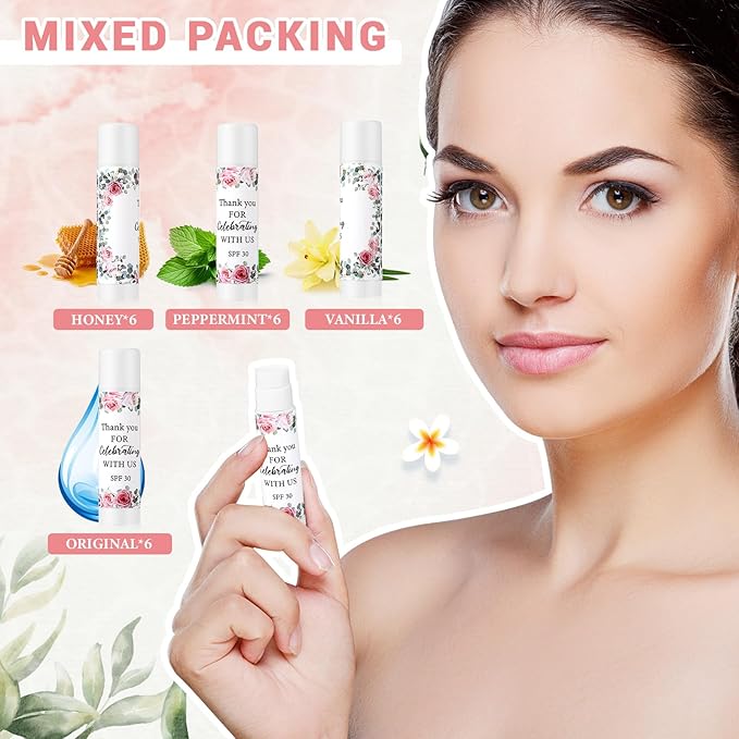 24 Pcs SPF 30 Lip Balm Bulk for Summer Wedding Baby Shower 4th of July Party Sunscreen Lip Balm Sticks Outdoor Travel Sunscreen Care Lip Balm for Thank You Gifts Party Supplies (Floral)