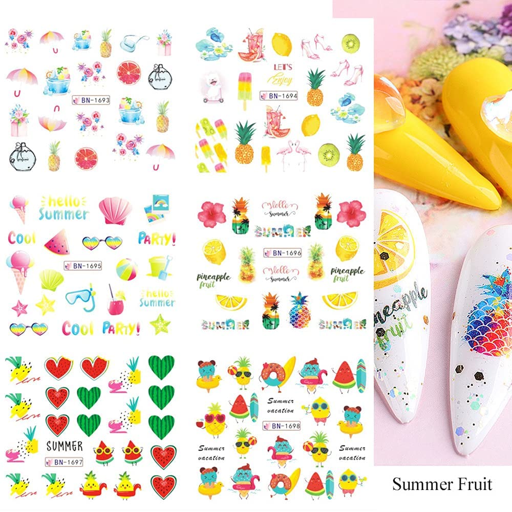 Summer Nail Art Stickers Decals, 12 Sheets of Fruit Hawaii Design Water Transfer Nail Slider Tattoos Holographic Colorful Pineapple Watermelon Pattern Acrylic Nail Art for Summer DIY Nail Decoration