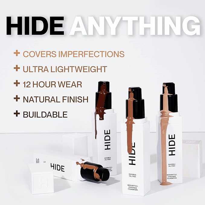 HIDE PREMIUM Liquid Foundation, Multi-Use Waterproof Foundation, Medium/Full Coverage Foundation, Shades for All Skin Types (See Shade Finder), Linen, 1 fl oz