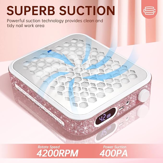 Nail Dust Collector, Rechargeable Dust Collector Nail Tech, Powerful Vacuum Fan Vent Dust Collector Extractor Dust Suction Machine for Acrylic Nails Polishing, Nail Salon&Home, Pink