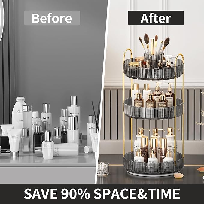 360° Rotating Makeup Organizer, Large-Capacity Skincare Make Up Storage 3 Tier Perfume Organizers Cosmetic Dresser Organizer with Makeup Brush Holder, Fits Bedroom, Bathroom, Vanity Shelf Countertop