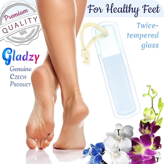 Genuine Czech Glass Foot File by GLADZY - Gentle Callus Remover Foot Rasp, Pedicure & Spa Rough Skin Scrubber, Two-Sided Etched Different Grit Surface, Professional Toenail & Heels Care, Made in EU