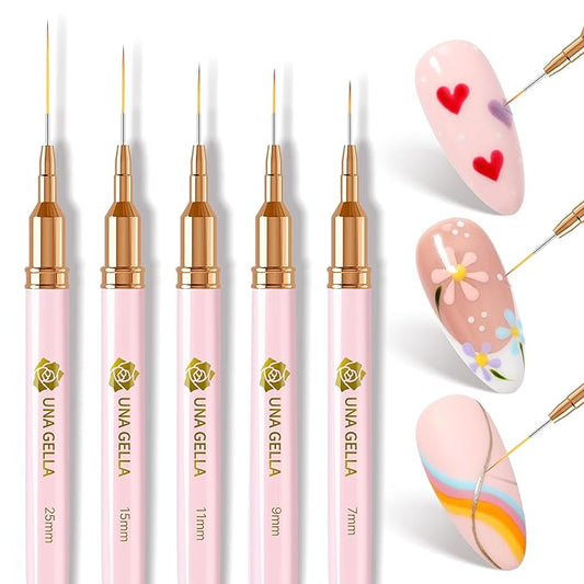 UNA GELLA Nail Art Brushes Metallic, 5 Count Liner Pens Set For Nail Art Gel Polish, Detail Nail Art Design Painting Brush Set For Nails Gel Fine Drawing Nail Tools, Sizes 7/9/11/15/25mm
