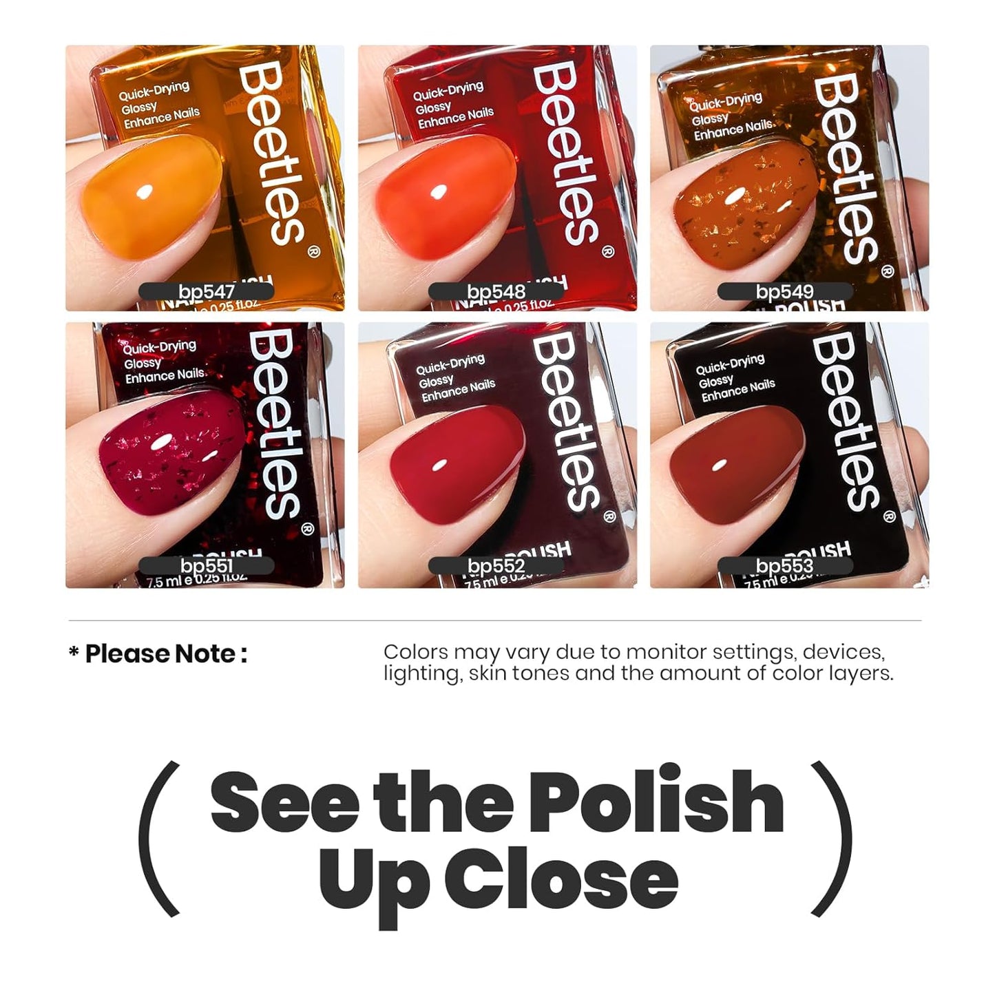 Beetles Fall Nail Polish Set - Golden Harvest 6 Colors Quick Drying Long-Lasting Burgundy Red Orange Jelly Glitter Nail Polish for DIY At-Home Manicure Gift for Women