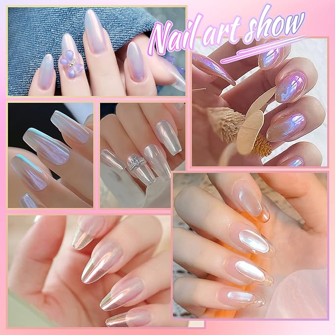 Laza White Pearl Chrome Nail Powder, 8 Colors Metallic Mirror Effect Pigment, Ice Transparent Aurora Nail Glitter Dust Kit for Gel Nail Art Decoration, Resin Craft, Gifts - Colorful White