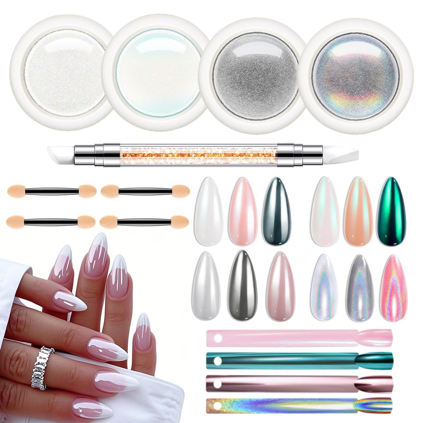modelones Chrome Nail Powder 4 pcs, White Pearl Nail Chrome Powder, Iridescent Aurora Glitter Mermaid Silver Metallic Mirror Holographic Effect Pearlescent Pigment Dust Kit Resin Craft