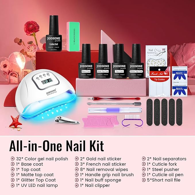 JODSONE Gel Nail Polish Kit with U V Light 32 Colors Gel Polish Nail + 4 Functional Adhesive Bottles Kit Soak Off Manicure Tools Gifts for Women