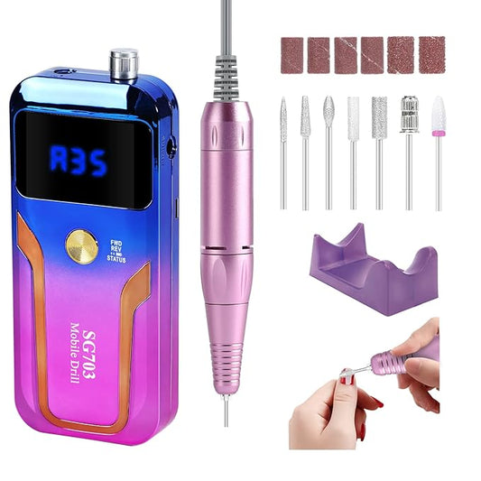 Portable Nail Drill Professional 35000 RPM, MOCOWIND Rechargeable Electric Nail File Machine for Acrylic Nails Gel Polishing Removing, Cordless E-File with Bits for Manicure Salon Home, Blue & Purple