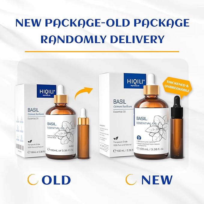 HIQILI Basil Essential Oil, 100% Pure & Natural, Diffuser in Bedroom, Yoga, Mediation for Calming Relaxation Mood, Hair Growth, Body Massage, DIY Sweet Herbal Scented Soap Gifts- 100ML