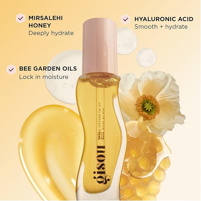 Gisou Honey Infused Hydrating Lip Oil, Nourishing Moisturizer for Dry Lips, High Shine, Smooth Finish, Clear Golden Glow, Fresh Honey Scent, 8ml