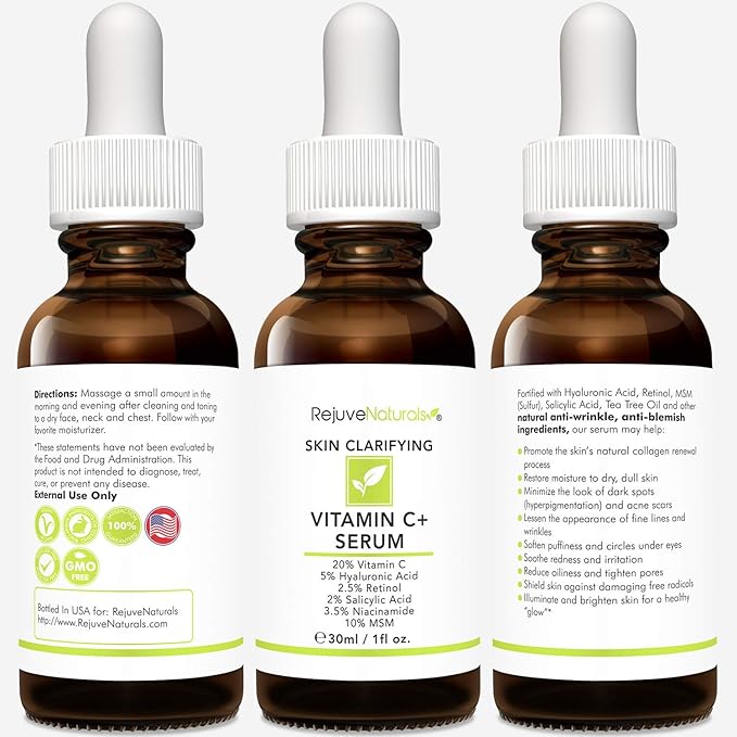 Vitamin C Serum Plus 5% Hyaluronic Acid, 2.5% Retinol, 2% Salicylic Acid, 3.5% Niacinamide, 10% MSM, 20% Vitamin C - Anti Aging Anti Wrinkle Skin Clearing Serum Organic Skin Care for Face and Eyes 1oz