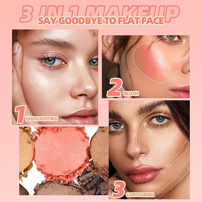 3 in 1 Contour Highlighter Blush Makeup Palette, Shimmer Matte 3 Colors Pigmented Brighten Highlighting Bronzer Blusher Eyeshadow Pallet, Long Lasting Shaping Full Face Eyes Makeup kit with Mirror