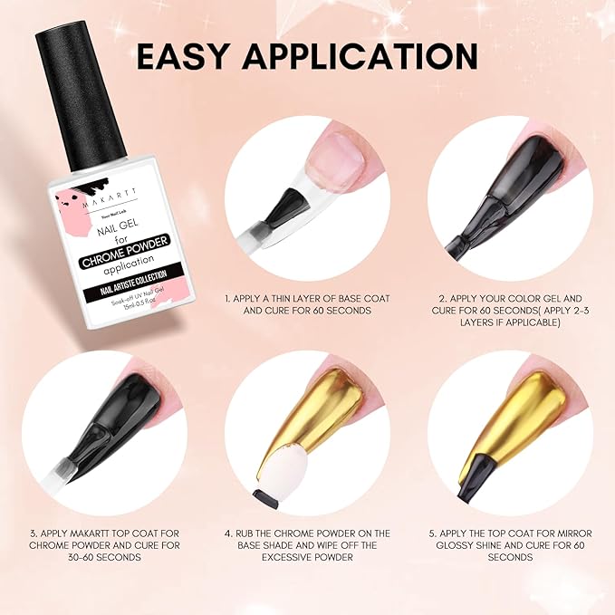 Makartt Gel Top Coat for Chrome Nail Powder - 15ml Clear No Wipe High Gloss Top Coat Gel Nail Polish Mirror Shine Long Lasting Easy Application, Soak off UV Lamp, DIY Home Salon Art Design