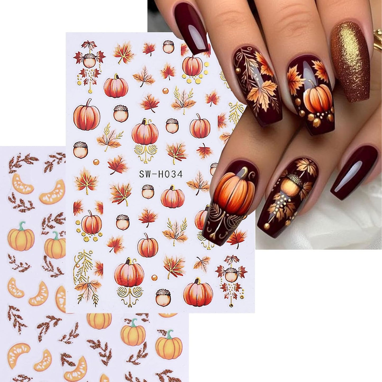 Fall Nail Stickers for Women and Girls Nail Decorations Nail Decals Autumn Maple Leaves Pumpkin Fruit Self-Adhesive Stickers 3D Nail Art Accessories