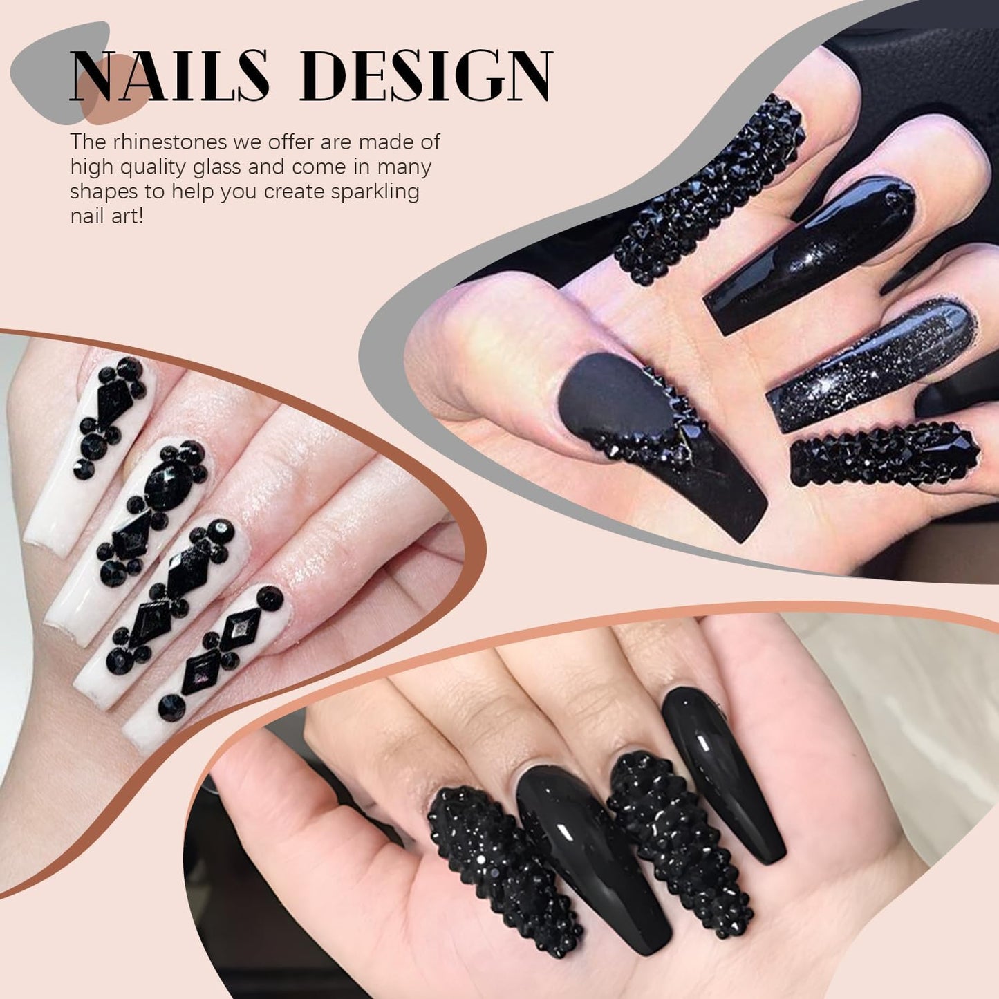 2060Pcs Black Glass Nail Rhinestones 60Pcs Multi Shapes Flatback Nail Gems + 2000Pcs 1.5-4mm Round Crystal with Rhinestones Glue Gel, Manicure Nail Charms Diamond Gemstones for Nail Art