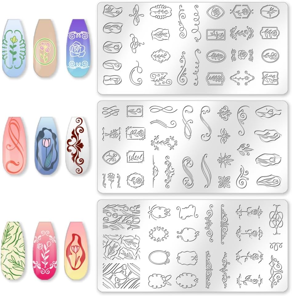 3Pcs Tulip Nail Stamping Plate Set Floral Irregular Geometric Frames Steel Nail Stamp Templates Clear Silicone Nails Stamping with Stamper Scraper for Manicure Printing