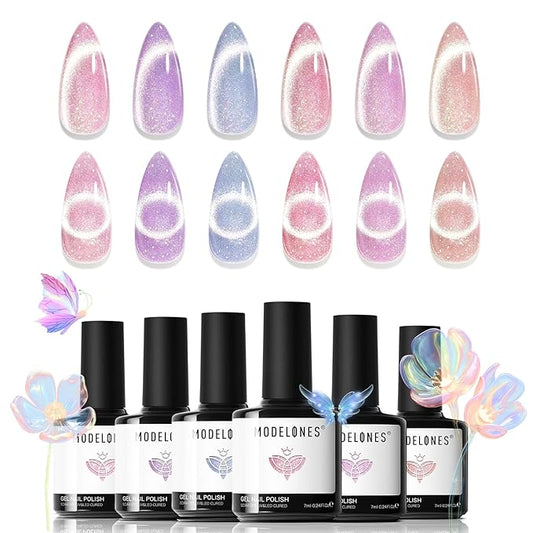 modelones Holographic Glitter Cat Eye Gel Nail Polish Kit 6 Colors with Magnet Romantic Rainbow Galaxy Series Pastel Gel Polish Soak Off Led Gel Nail Polish Set Nail Art Gel Manicure Salon DIY Gifts