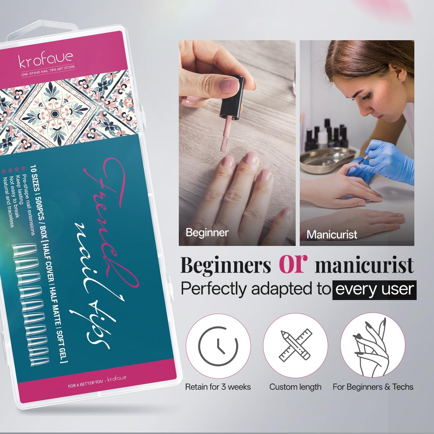 krofaue French Nail Tips - Acrylic Soft Gel False Tips 500PCS Half Cover Square Fake Nails for Women Half Matte French Tip Press on Nails 10 Sizes