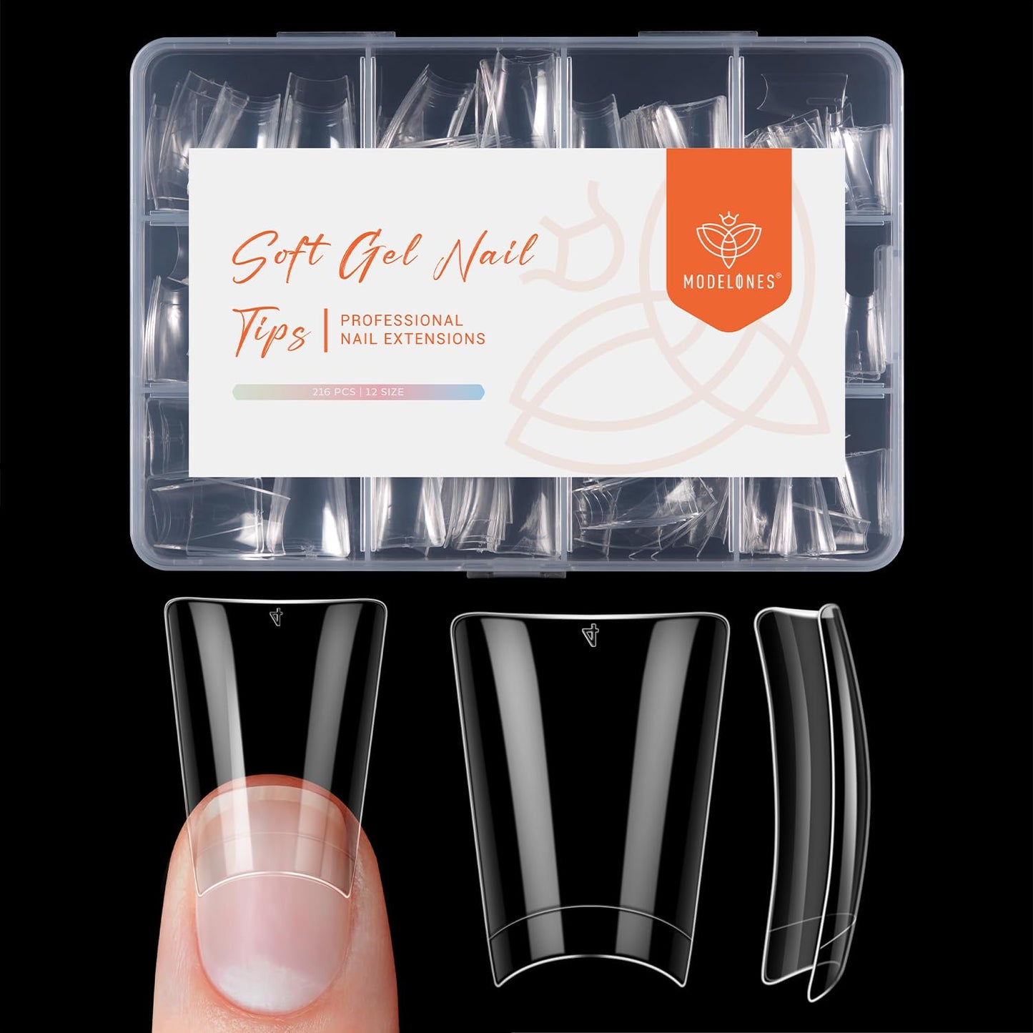 modelones Duck Nail Tips, Short Flare Pre-Shape Half Cover Soft Gel Tips Wide Style Acrylic Fake Nails False Clear Press on Extension Gel Kit Manicure DIY at Home 216PCS 12Sizes