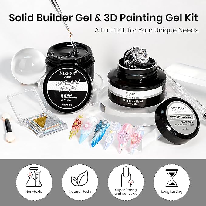 MIZHSE 30g/1oz Solid Builder Gel for Nails and 15g 3D Painting Gel, Clear Hard Gels for Nails Sculpting Nails Art Soak Off U V LED Builder Salon Home DIY Manicure