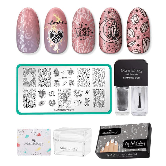 Maniology Crystal Galaxy Nail Stamping Starter Kit | Celestial Nail Art with Crystal-Inspired Galaxy Designs – with Stamping Plate, Polish, Top Coat, Stamper & Scraper