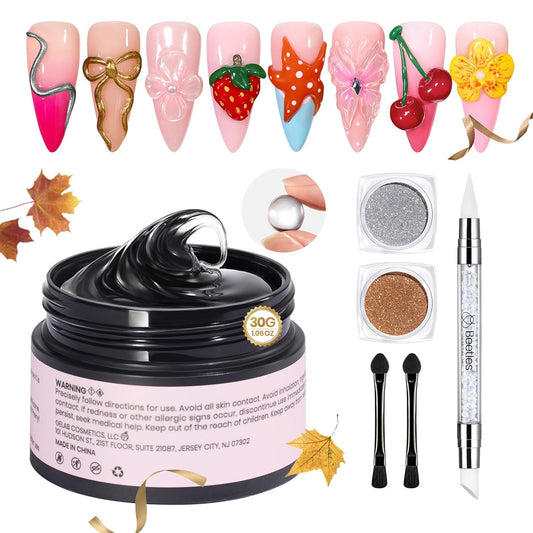 Beetles Solid Builder Nail Gel, 1.06 oz Clear 3D Gel Nail Art Non-Sticky Sculpting Gel, Hard Gel Building Gel with Chrome Nail Powder, Fall Nails Art Sculpture Pen Gift for Women,LED & UV Lamp Needed