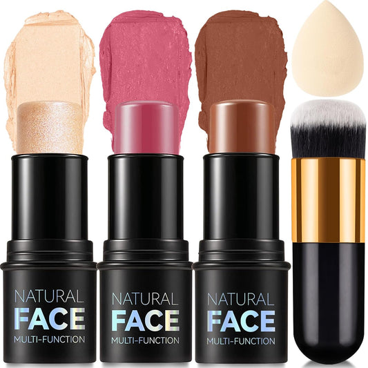 3 Colors Cream Contour Stick, Shades with Highlighter Stick,Blush Stick and Bronzer Contour Stick for Sculpt the Cheeks,Long Lasting,Waterproof,Matte & Dewy Finish for Women (LIGHT FAIR(8+10+12))