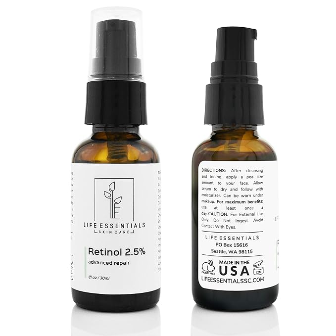 Life Essentials Retinol Serum 2.5% for Wrinkles, Fine Lines, Acne Scars, & Skin Blemishes- Vitamin A + Hyaluronic Acid, Vitamin E, Organic Green Tea, Jojoba Oil - Organic and Natural