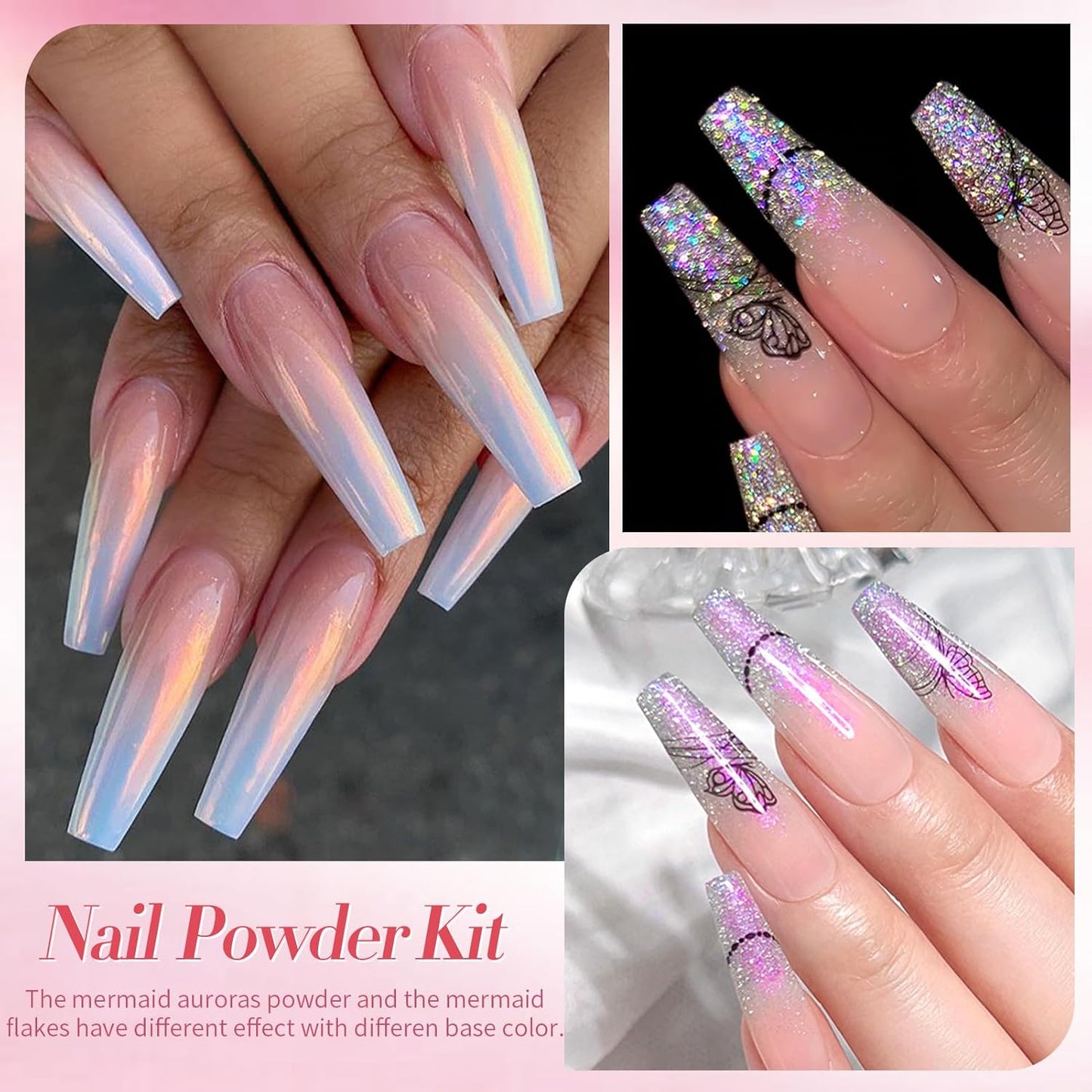 Born Pretty Pink Chrome Nail Powder Metallic Mirror Glitter Sequins Holographic Aurora Pigment Powder Manicure Nail Art Decoration Sets 6 Boxes