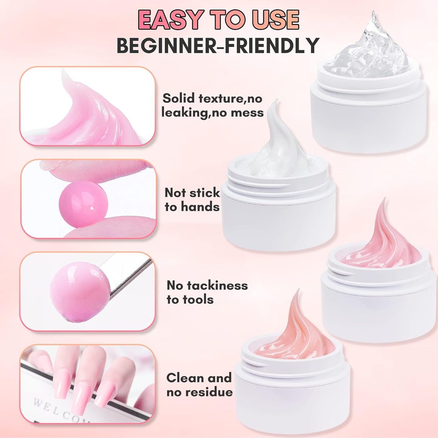 Makartt 3d Gel Nail Art Kit: Non-Stick-Hand Solid Gel Builder, All in One, Clear White Pink 4 Colors Base Top Coat UV LED Lamp File Dual Forms Picker Tool Cuticle Pusher Silicone Molds Sculpting Brush