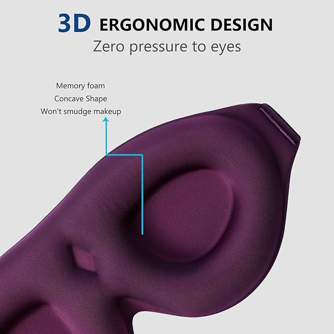 ALASKA BEAR 100% Blackout Sleep Mask for Women and Men, 3D Pillowy Soft Light Blocking Eye Mask with Contoured Eye Cups, Earplugs Set, Purple