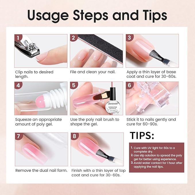 JEWHITENY Poly Extension Gel Nail Set Clear Pink Poly Nail Gel With Slip Solution Base Coat Top Coat French Manicure Need U V Lamp Curing for Finger Art and Home DIY