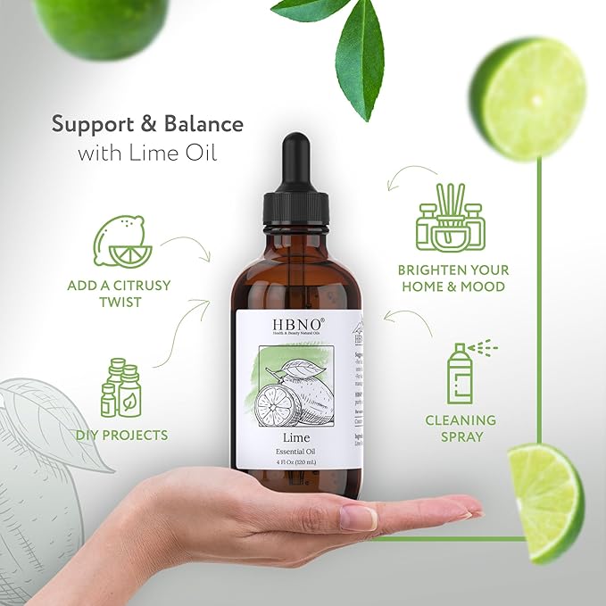 HBNO Lime Essential Oil - Huge 4 oz (120ml) Value Size - Natural Lime Oil, Cold Pressed - Perfect for Cleaning, Aromatherapy, DIY, Soap & Diffuser