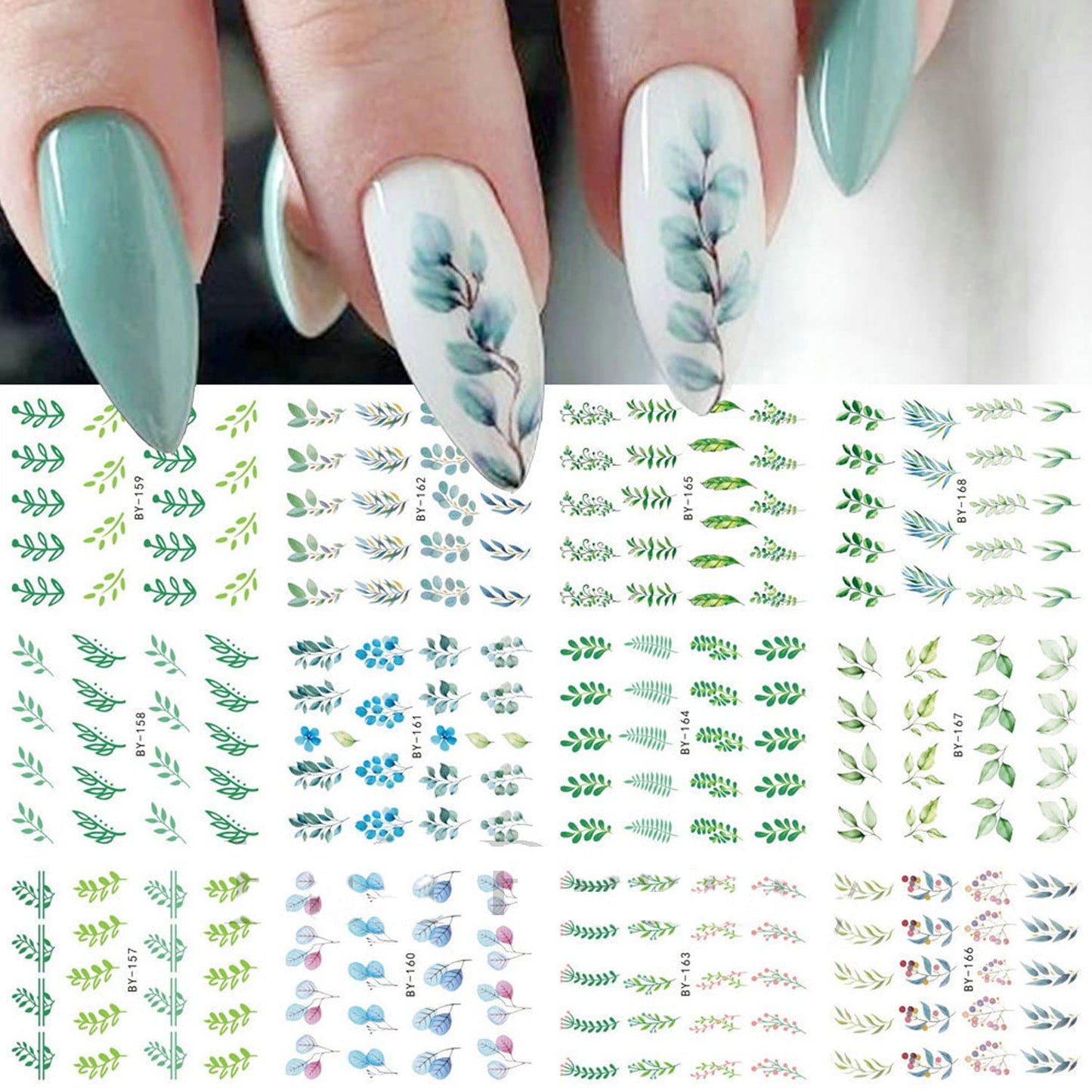 Summer Nail Art Sticker Water Transfer Decal Green Blue Floral Flower Design for Acrylic Nails - Manicure Supplies 12 Sheets (Green)