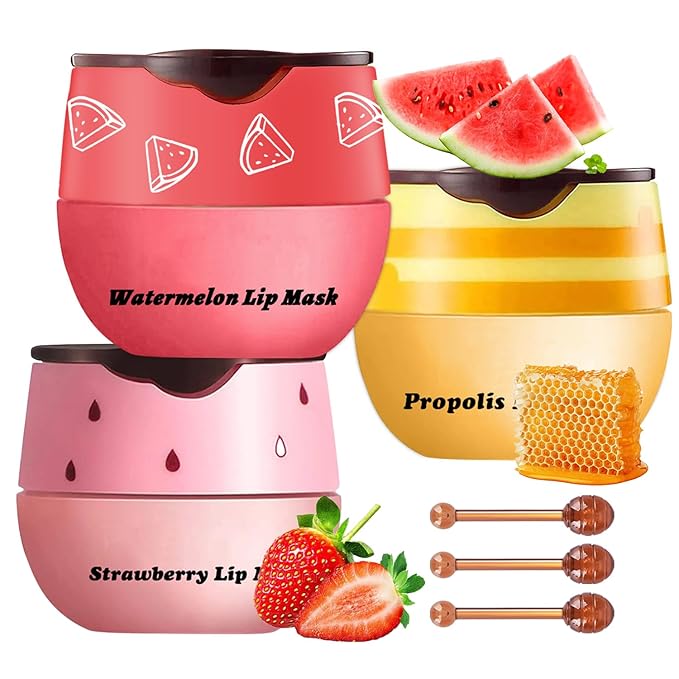 3 Pcs Honey Lip Balm, Bee Lip Balm Honey Pot,Moisturizing Lip Mask Overnight,Hydrate Repair Prevent Dry Cracked Lip Care (Honey+Strawberry+Watermelon)