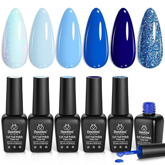 Beetles Blue Gel Nail Polish,6 Colors Baby Blue Glitter Aquarius Holy Water Collection Fall Winter Gel Polish Soak off Uv Led Lamp Nail Art Manicure Gifts for Women