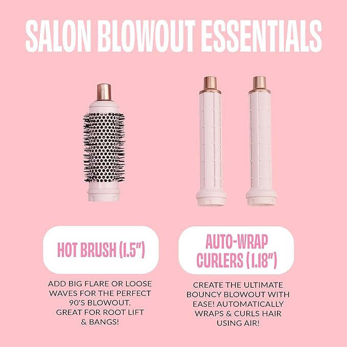 FoxyBae Super Styler Pro Interchangeable 5 in 1 Hair Styler Wand Curling Iron Set - w/Drying Cylinder, Ceramic Blowout & Round Brushes, 2 Auto-Wrap Curlers - Frizz-Free, Smooth Hair [Blush]