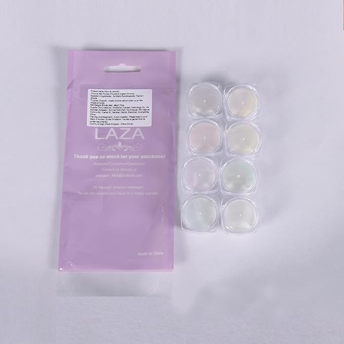 Laza White Pearl Chrome Nail Powder, 8 Colors Metallic Mirror Effect Pigment, Ice Transparent Aurora Nail Glitter Dust Kit for Gel Nail Art Decoration, Resin Craft, Gifts - Colorful White