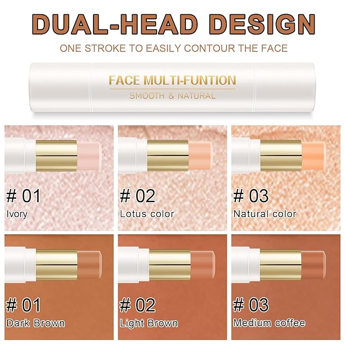 6 Colors Cream Contour Stick Makeup Kit, Shades with Highlighter Stick, Blush Stick and Double-End Bronzer Stick for Sculpt the Cheeks, Waterproof,Dewy & Matte Finish for Beginners (6 COLORS SET C)