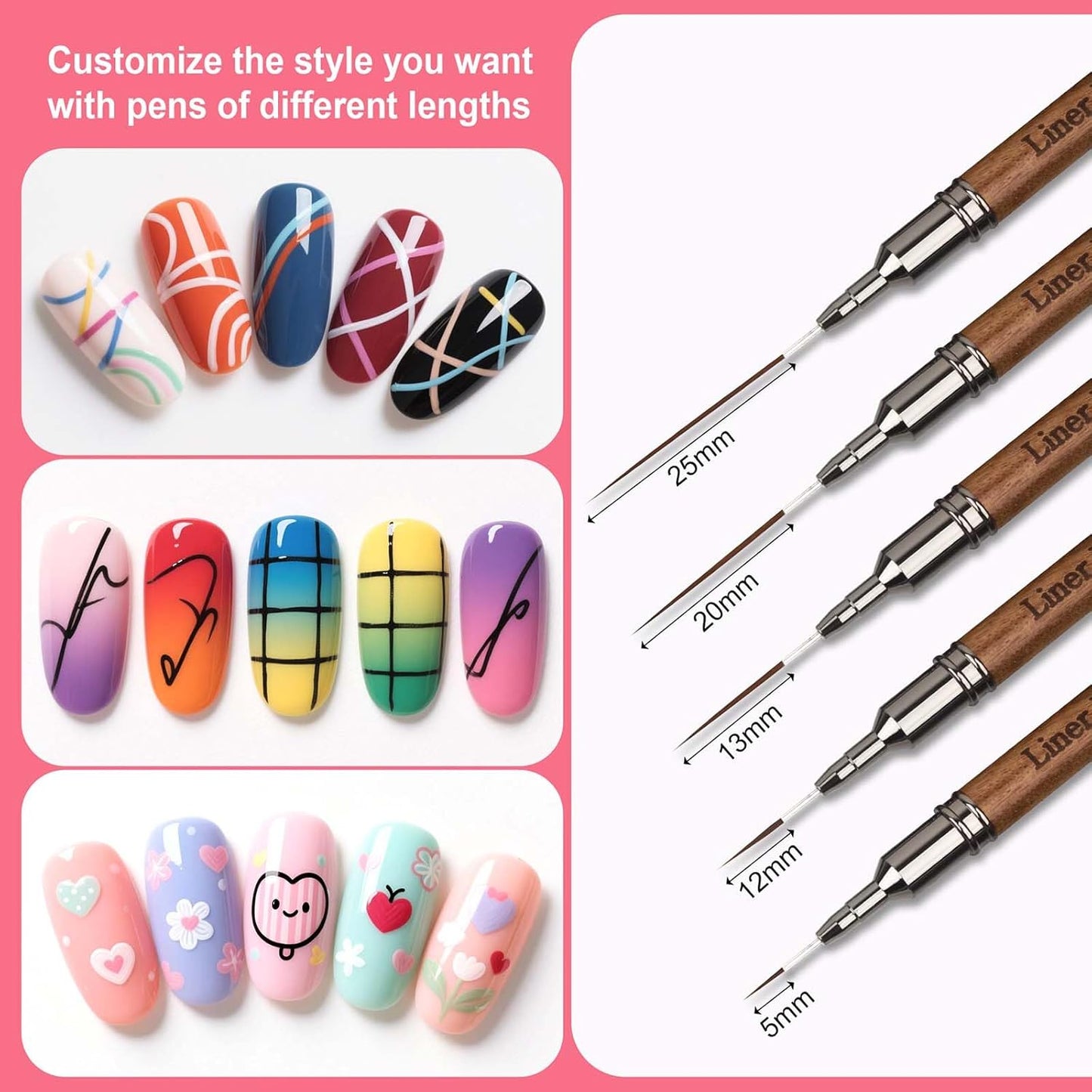 Artdone Wood Grain Nail Art Pens, Liner Brushes Set, 5PCS Brown Color Nail Tools For Long Lines, Thin Details, Fine Drawing, Liner Brush UV Gel Polish Painting Nail Design Sizes 5/12/13/20/25mm