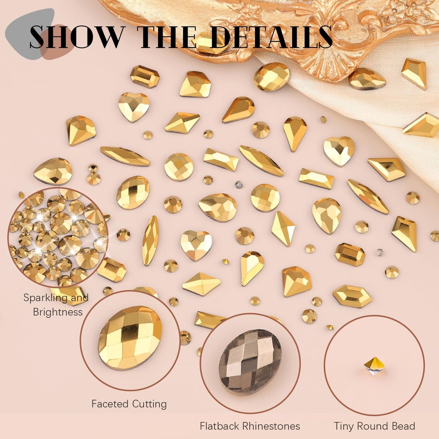 2680Pcs Mineral Gold Glass Nail Rhinestones 120Pcs Multi Shapes Flatback Nail Gems + 2560Pcs 1.5-4mm Round Crystal, Manicure Nail Charms Diamond Gemstones for Acrylic Nails Decoration