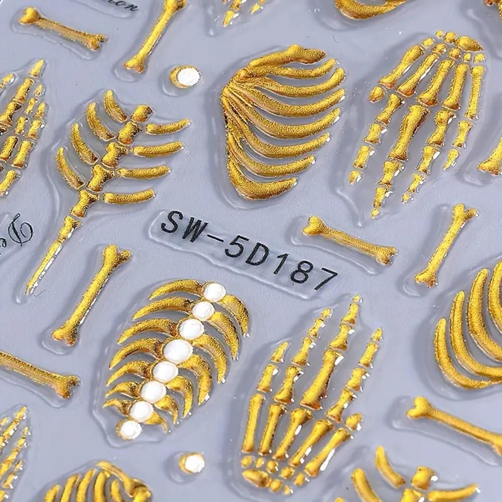 3 Sheets 5D Embossed White Claw Skull Nail Decals Halloween Nail Art Sticker Gold Pink Skeleton Nail Stickers 5D Self-Adhesive Hand Bone Nail Supplies Holiday Nails Accessories for Women DIY Manicure