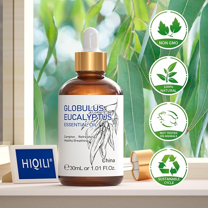 HIQILI Eucalyptus Essential Oil 1 Fl Oz, 100% Pure Natural Therapeutic Grade, Premium Grade Glass Dropper for Diffuser, Humidifier, Air Freshening, Cleaning, Home, Skin