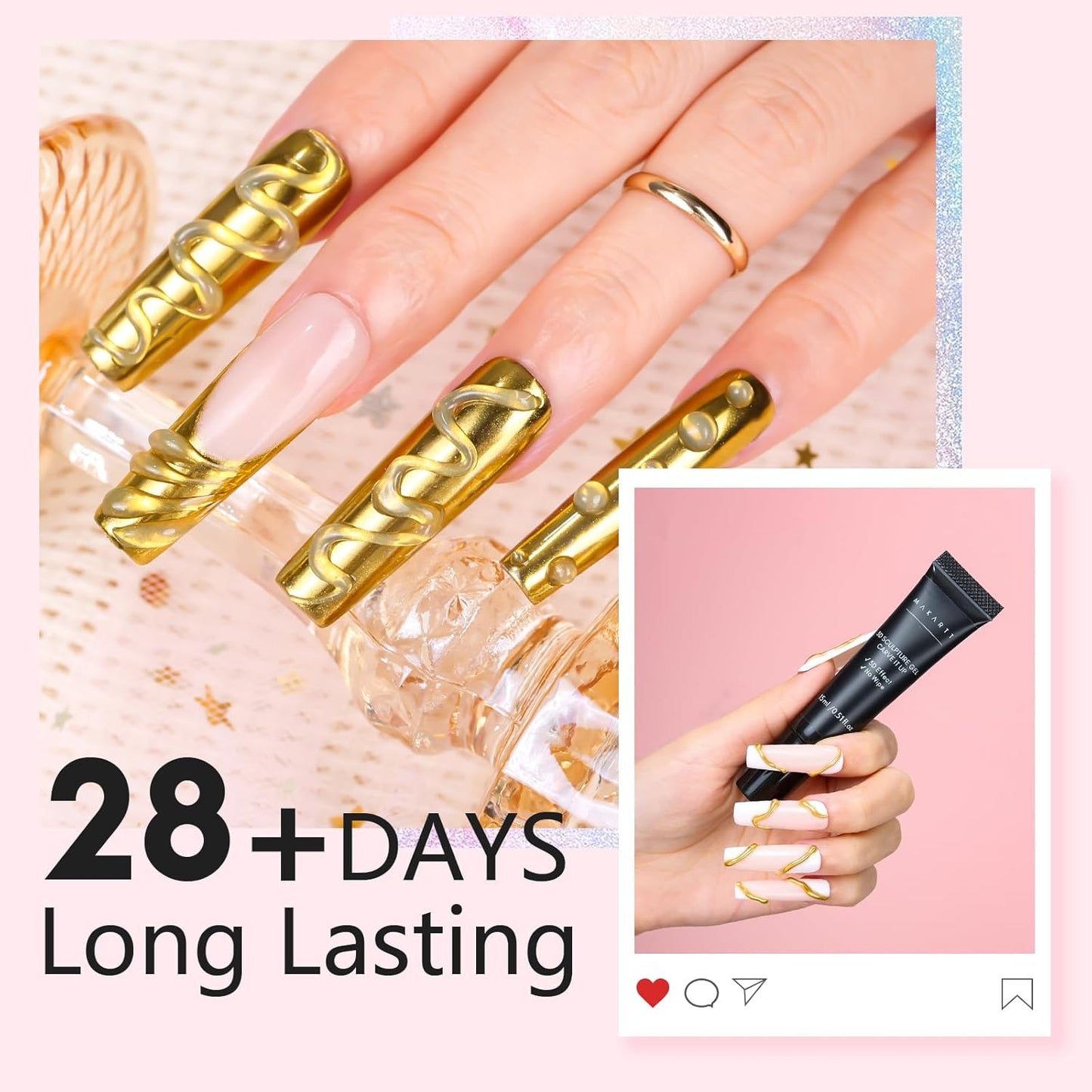 Makartt 3D Gel Nail Art with Gold Chrome Nail Powder Kit: Clear Molding Gel for Nail Art 15g Sculpting Glue Polish and Metallic Effect Mirror Powder Set for Nail Decoration Manicure Charms