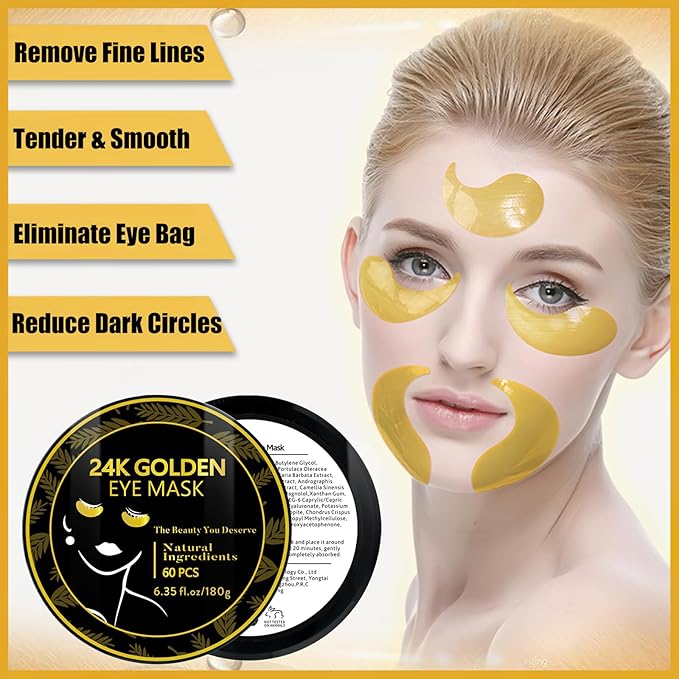60 Pcs Under Eye Patches, 24K Gold Eye Masks, Collagen Anti Aging Eye Gel Pads, Moisturizing Eye Treatment for Puffy Eyes, Dark Circles, Wrinkles, Fine Lines, 24K GOLDEN