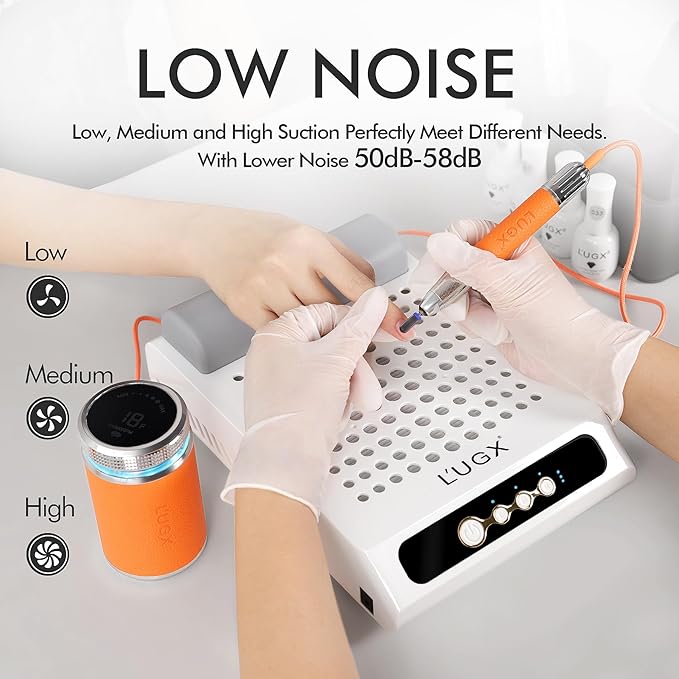 L'UGX Rechargeable Nail Dust Collector with 2 Reusable Filters, Professional 70W Nail Extractor Vacuum Acrylic Nail Dust Cleaner, Perfect for Home Salon Use, Low Noise