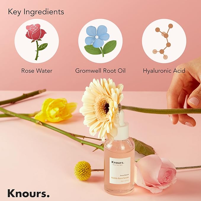 Knours. Balancing 5xHA+Gromwell Root oil Bubble Burst Serum w/ 59% Rose Water Niacinamide, Retinal Hydrating Healthy Serum for Improved Tone & Texture EWG Verified Clean Beauty 50ml/1.69fl. oz.
